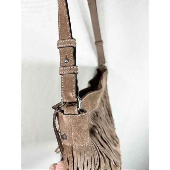 Michael Kors Billy Fringe Boho Crossbody Bag Taupe Suede Studded Western Style - Picture 16 of 16